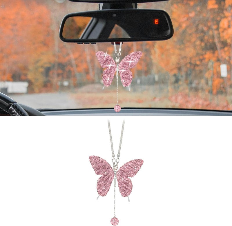 Couslcd Bling Butterfly Diamond Car Accessories, Crystal Car Rear View Mirror Charms for Women, Car Decoration Lucky Hanging Interior Crystal Ornament Pendant Decor for All Cars (Pink) - Image 1
